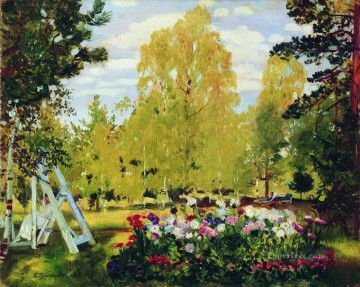 風景 Painting - 花壇のある風景 1917 ボリス・ミハイロヴィチ・クストーディエフの庭の風景